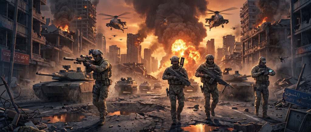 Battlefield REDSEC soldiers fighting in a large-scale modern battlefield with tanks, helicopters, and explosions.