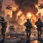 Battlefield REDSEC soldiers fighting in a large-scale modern battlefield with tanks, helicopters, and explosions.