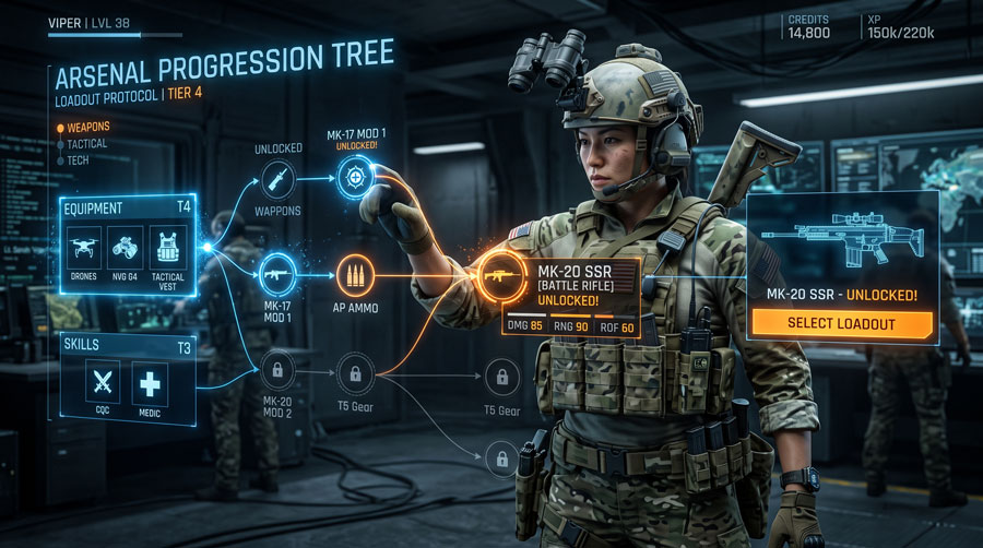 Battlefield REDSEC progression system unlocking new weapons and tactical equipment.