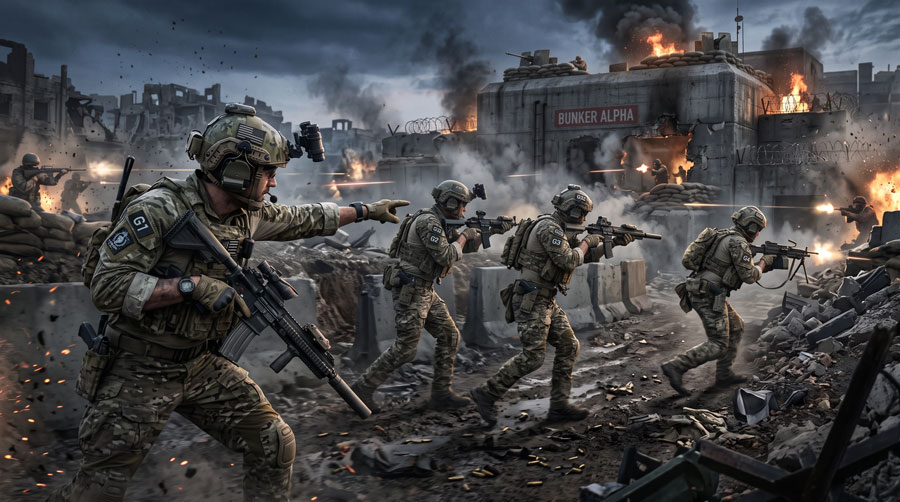 Military squad working together during a tactical Battlefield REDSEC mission.