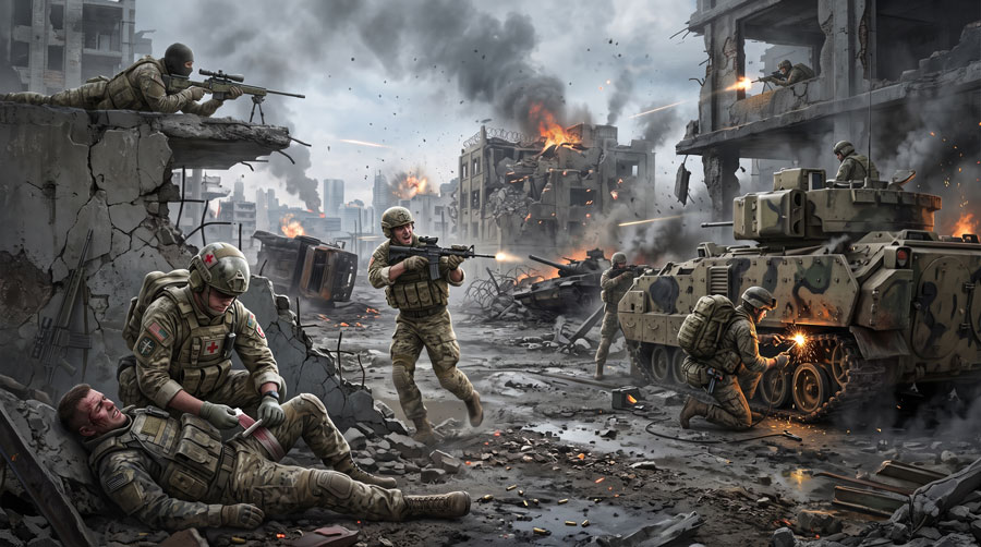 Different Battlefield REDSEC classes working together to achieve objectives.
