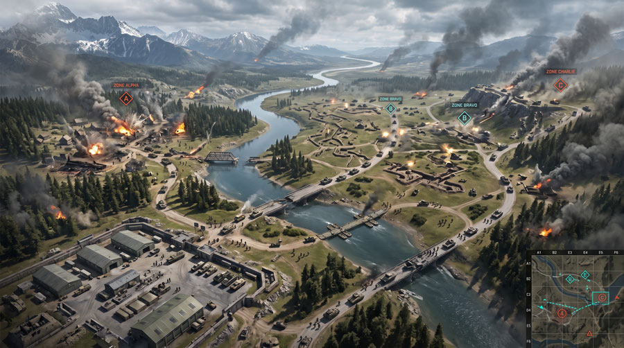 Expansive Battlefield REDSEC map designed for tactical gameplay and teamwork.