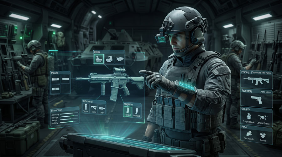 Player customizing weapon loadout before entering Battlefield REDSEC combat.
