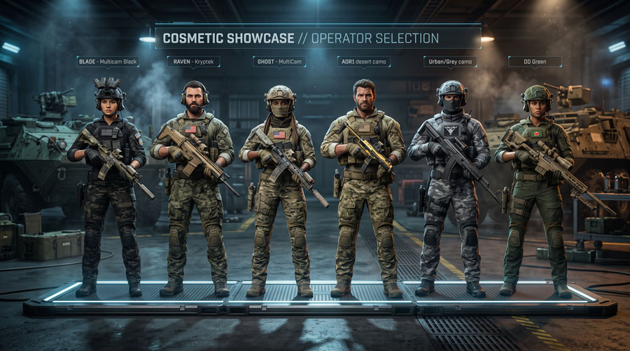 Different character skins and cosmetic customization in Battlefield REDSEC.